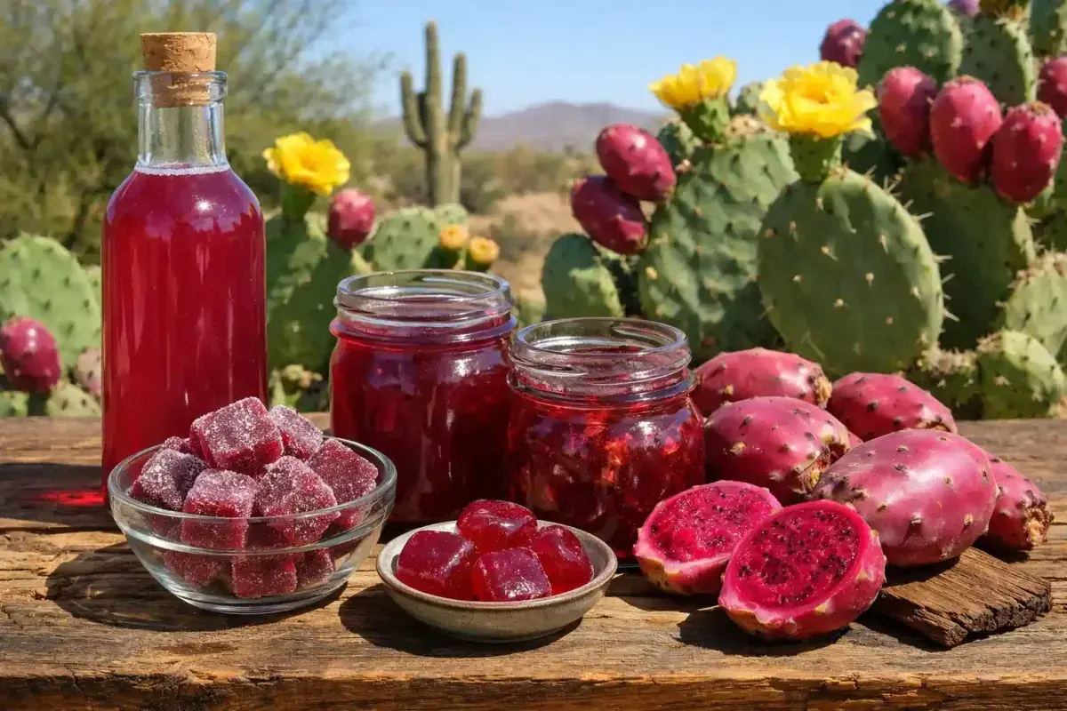 Arizona prickly pear syrup, candy, jelly, and fresh cactus fruit displayed together
