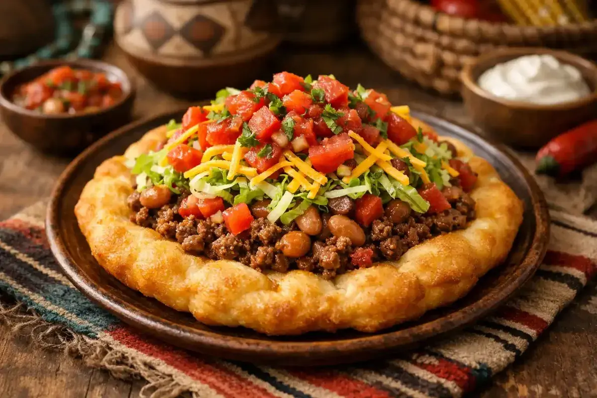 Authentic Navajo taco served on fresh fry bread with beef, beans, lettuce, tomatoes, and cheese