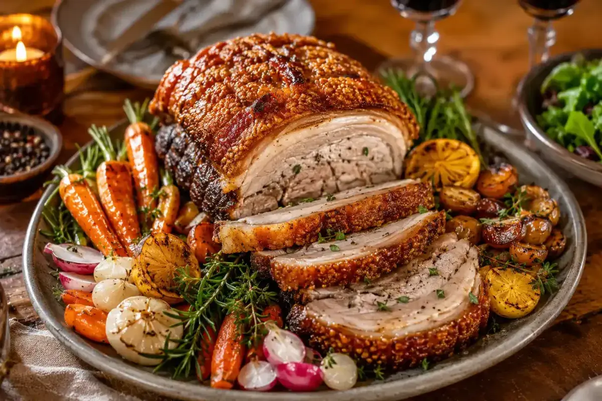 Beautifully plated roasted pork belly ready to serve