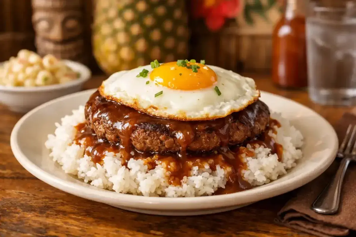 Classic Hawaiian loco moco with gravy and egg