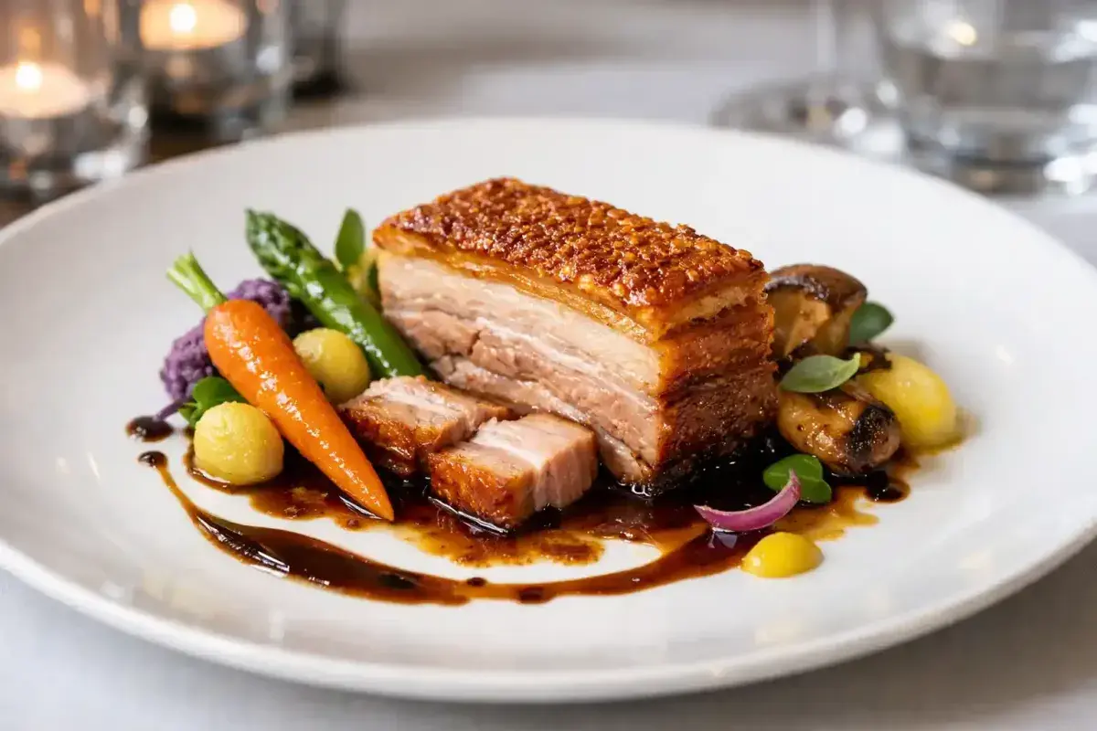 Elegant fine dining pork belly plated with vegetables