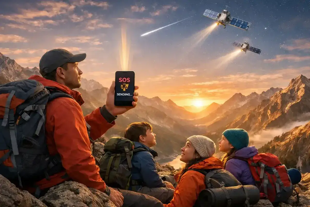 Emergency satellite communication helping hikers in remote mountains