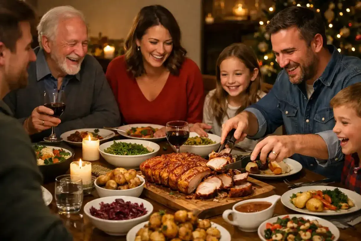 Family enjoying roasted pork belly during a festive dinner
