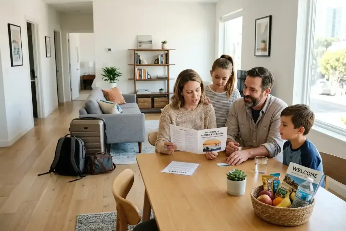 Family reviewing Airbnb house rules before settling into their stay