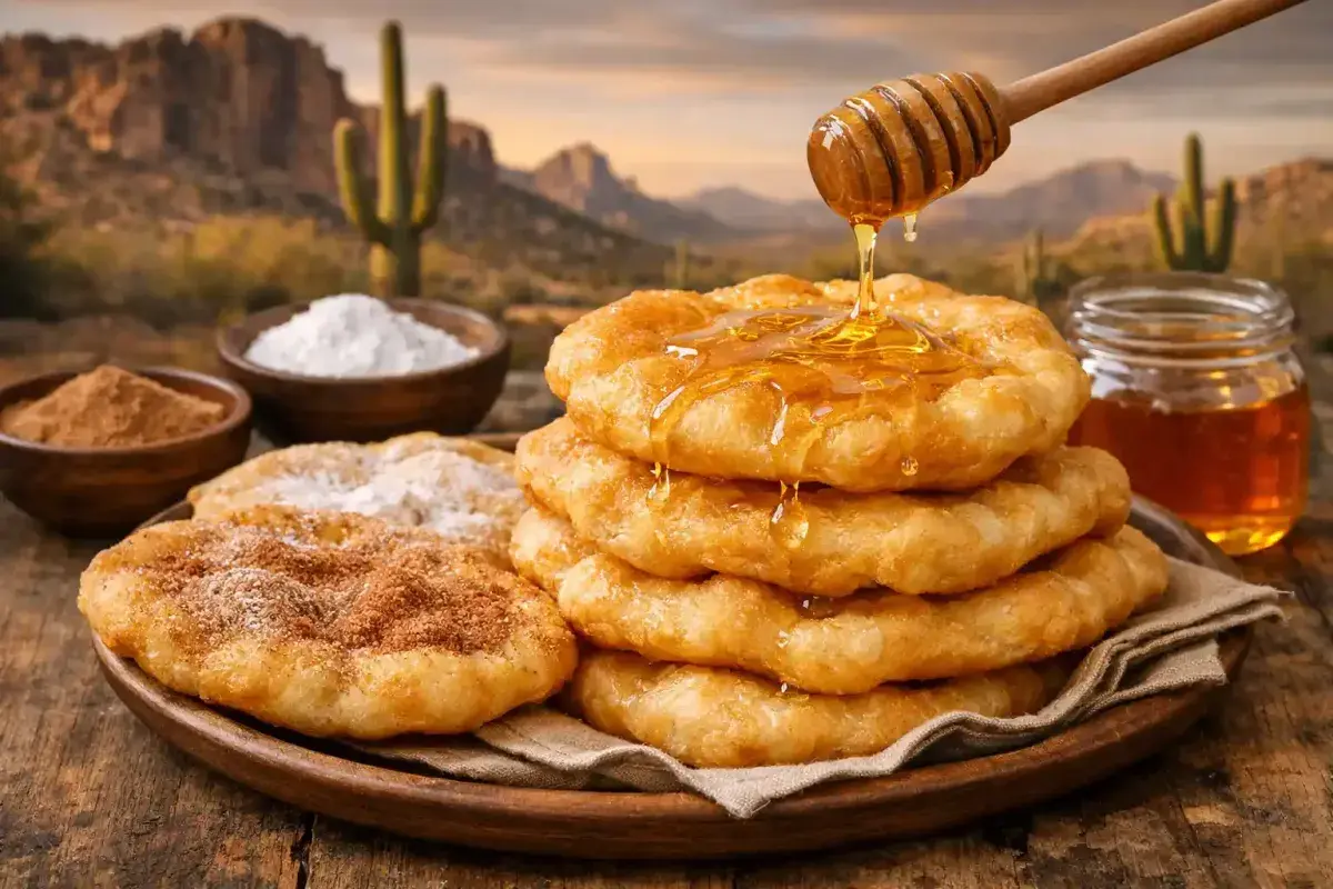 Fresh Arizona fry bread topped with honey and cinnamon sugar