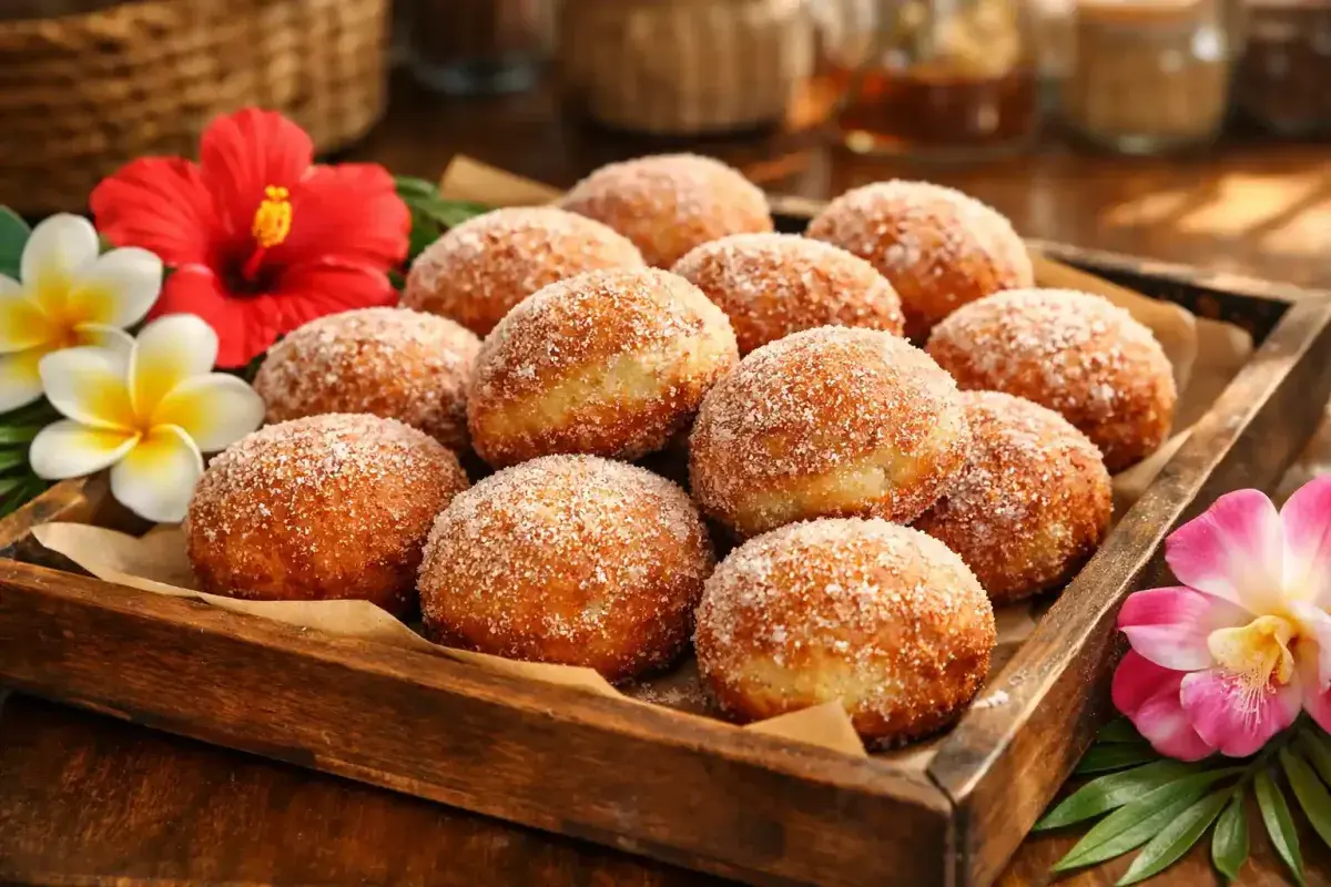 Fresh Hawaiian malasadas coated in sugar