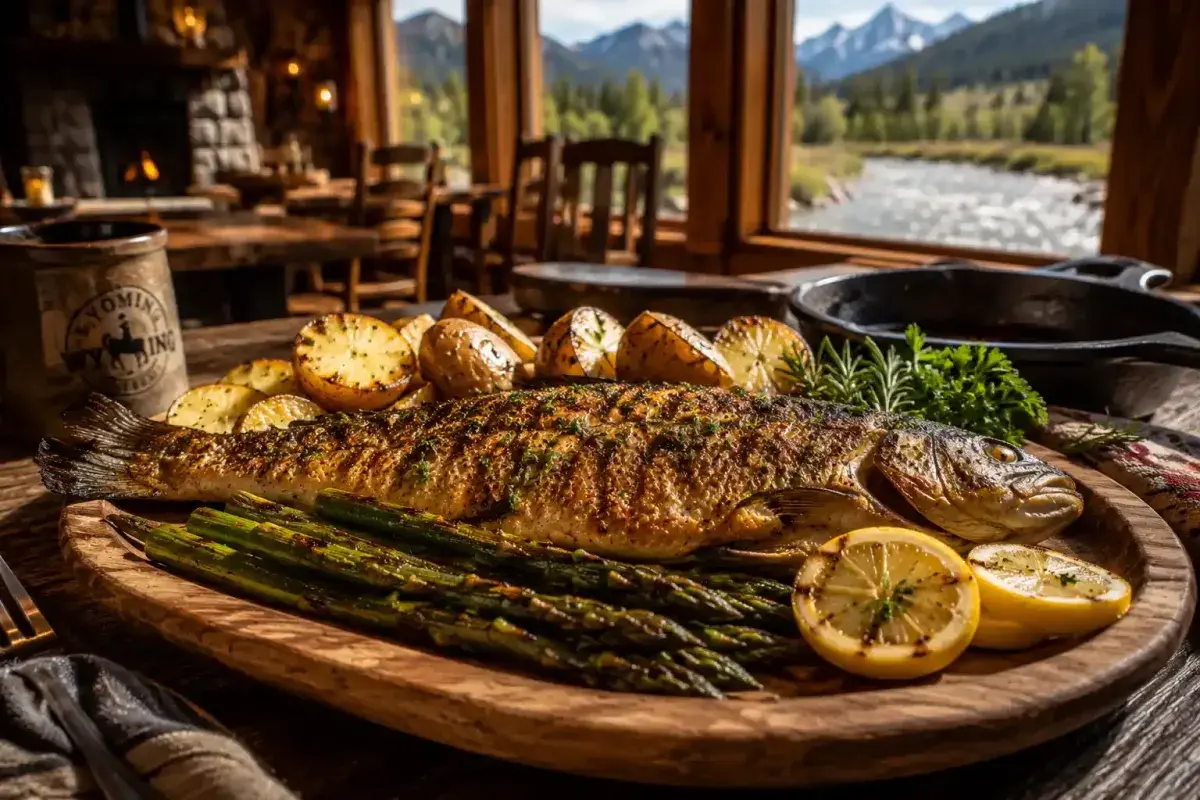 Fresh grilled Wyoming trout served beside seasonal vegetables
