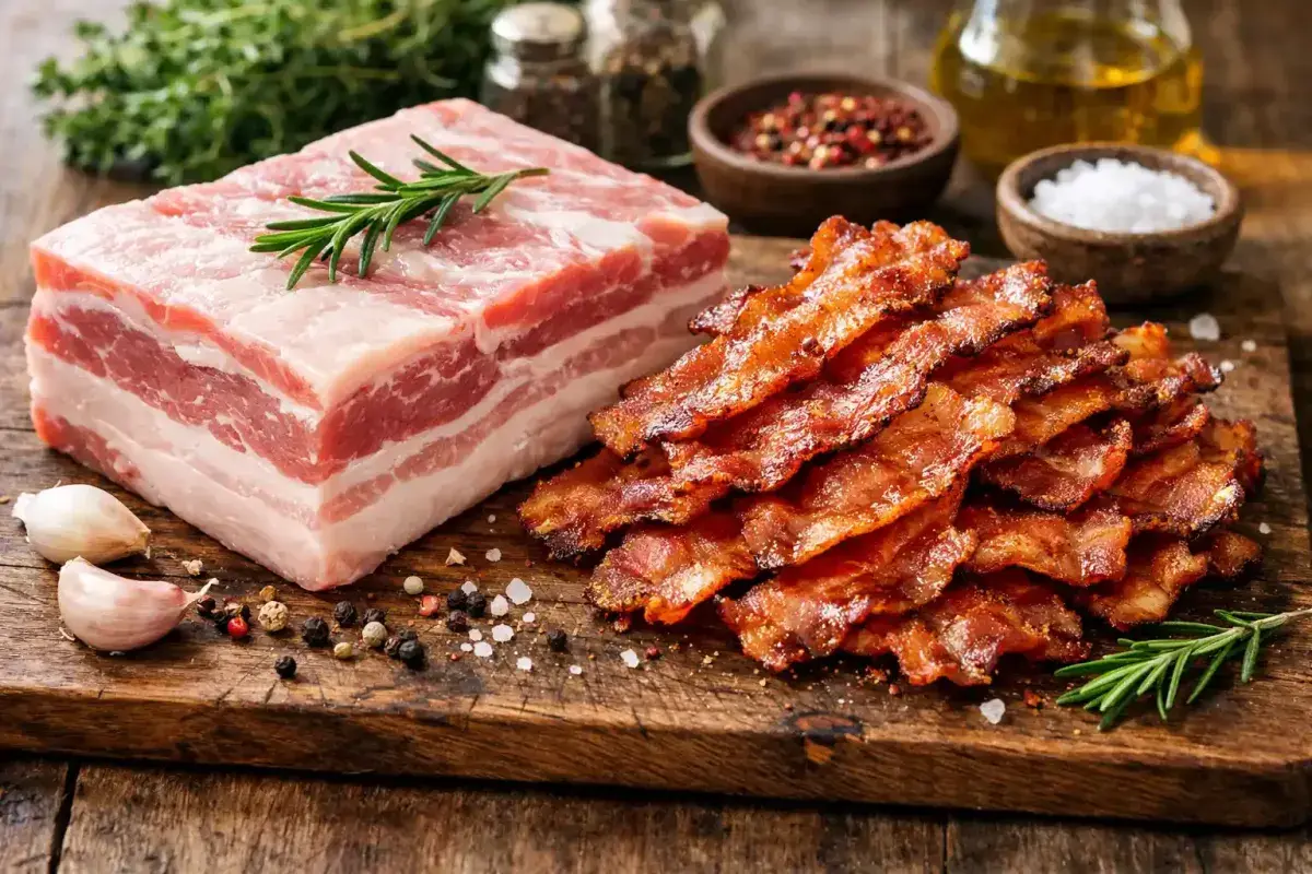 Fresh pork belly beside sliced bacon on a wooden cutting board