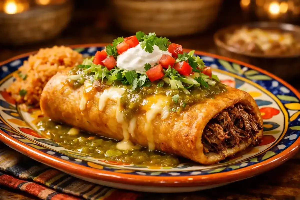 Golden Arizona chimichanga topped with green chile sauce, cheese, and sour cream