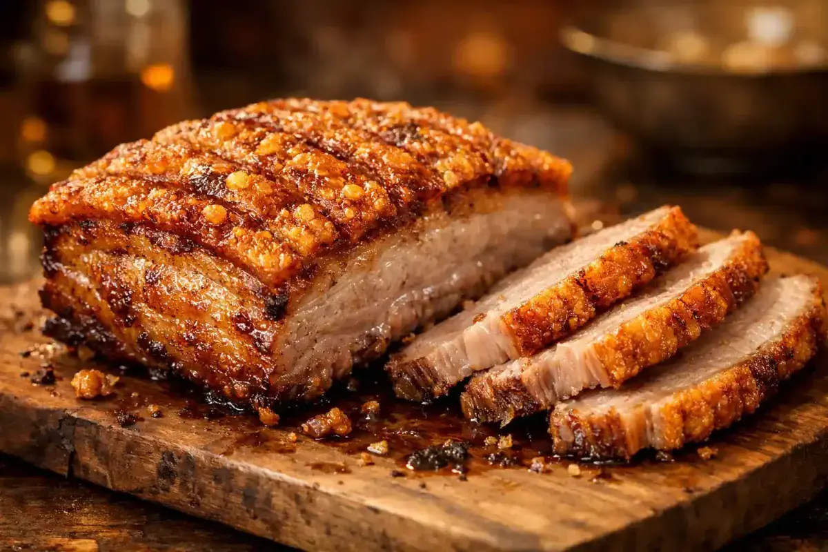 Golden crispy pork belly with crunchy crackling fresh from the oven