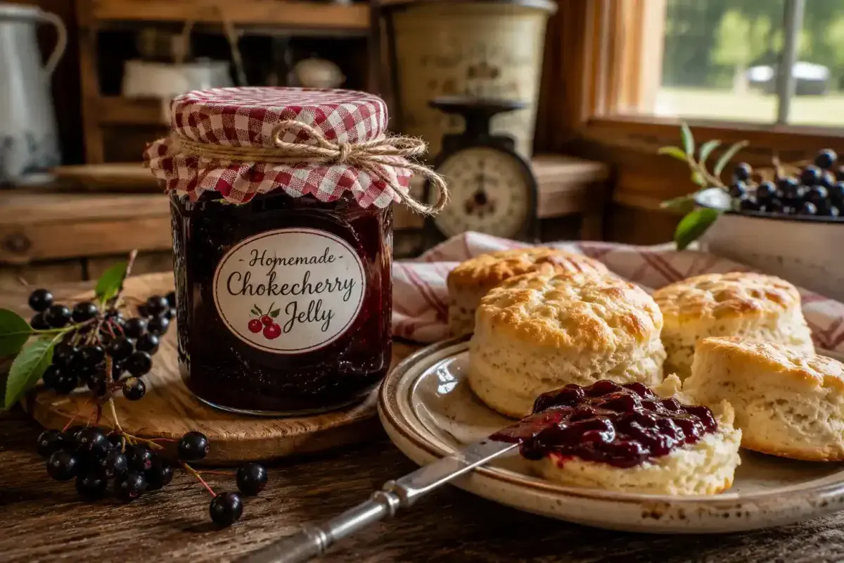 Homemade Wyoming chokecherry jelly served with warm biscuits