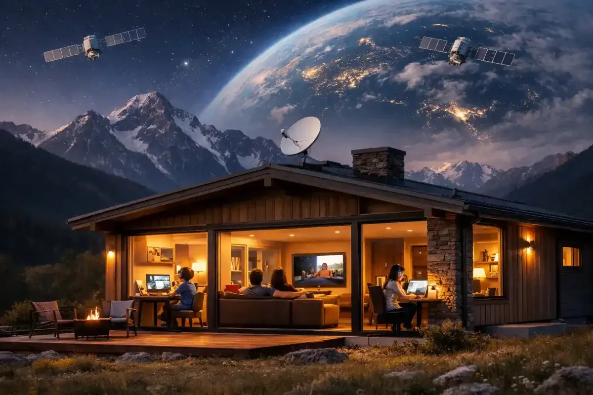 Modern family using high speed satellite internet in a remote countryside home