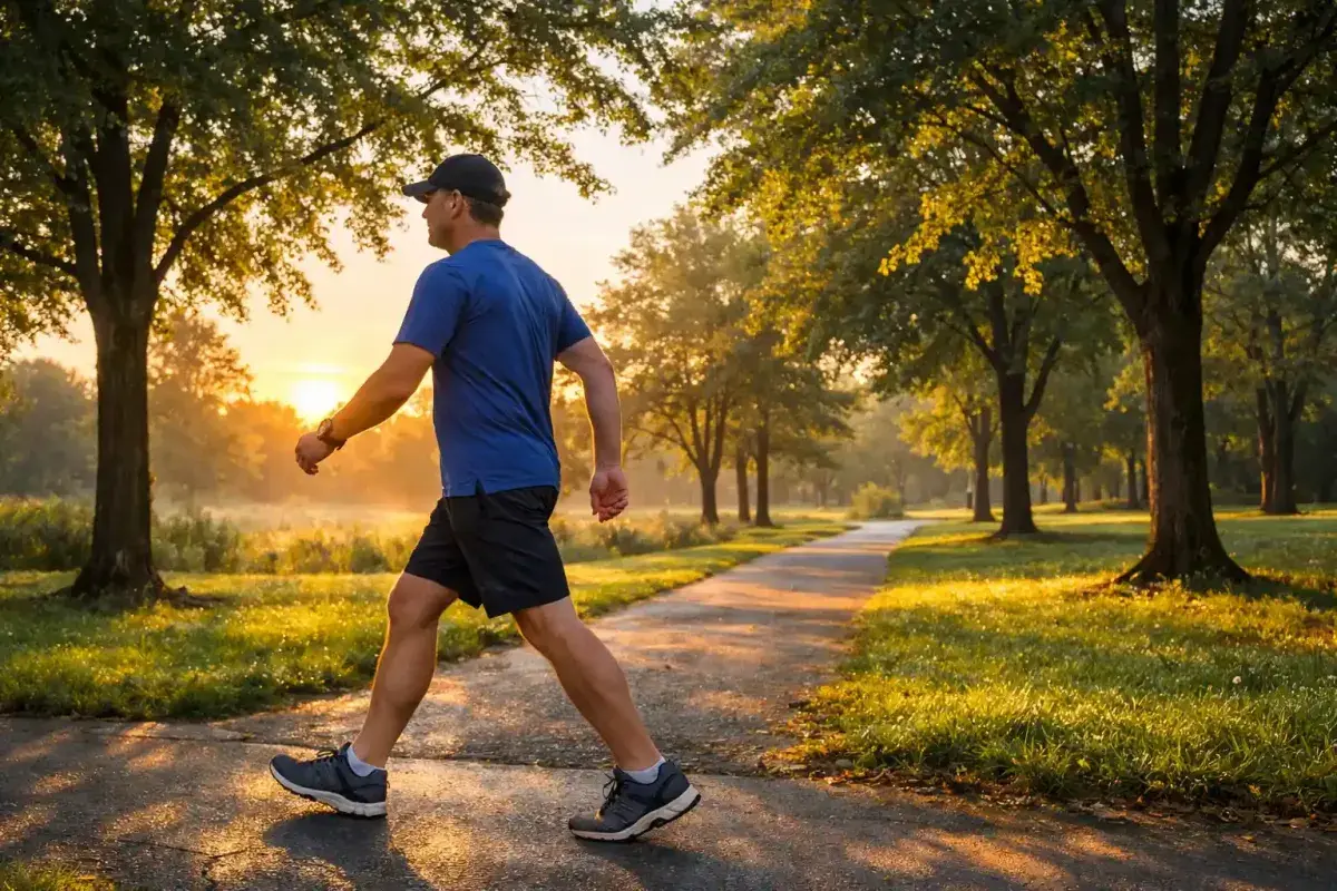 Person enjoying a brisk morning walk for heart health