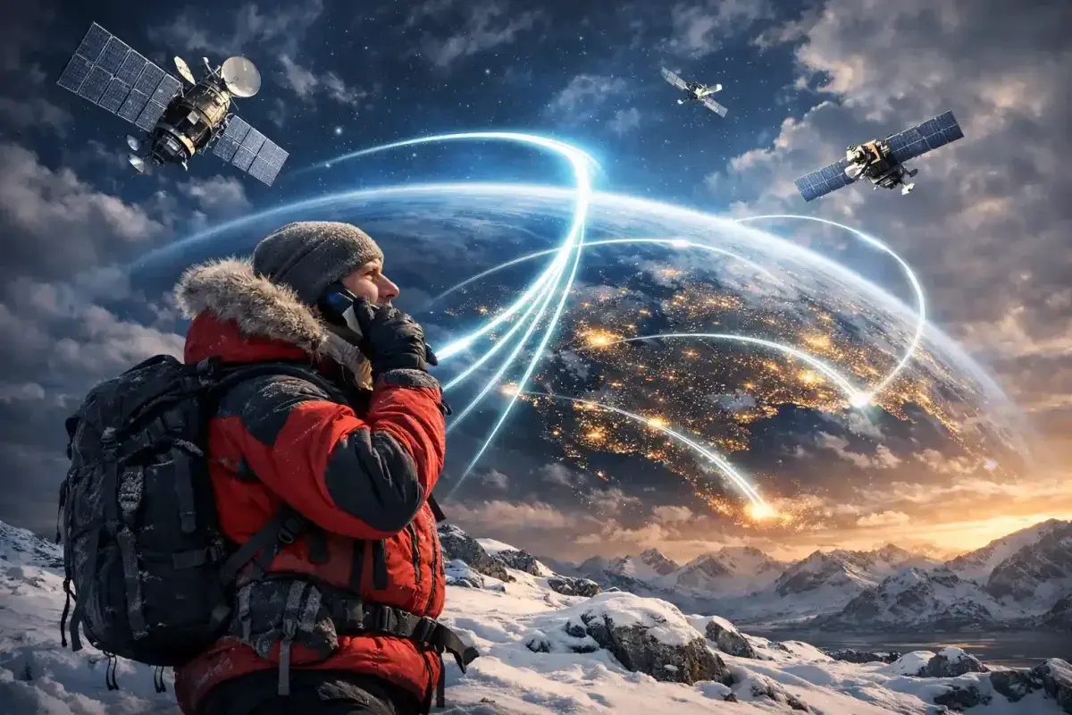 Satellite phone connecting remote explorers through orbiting satellites