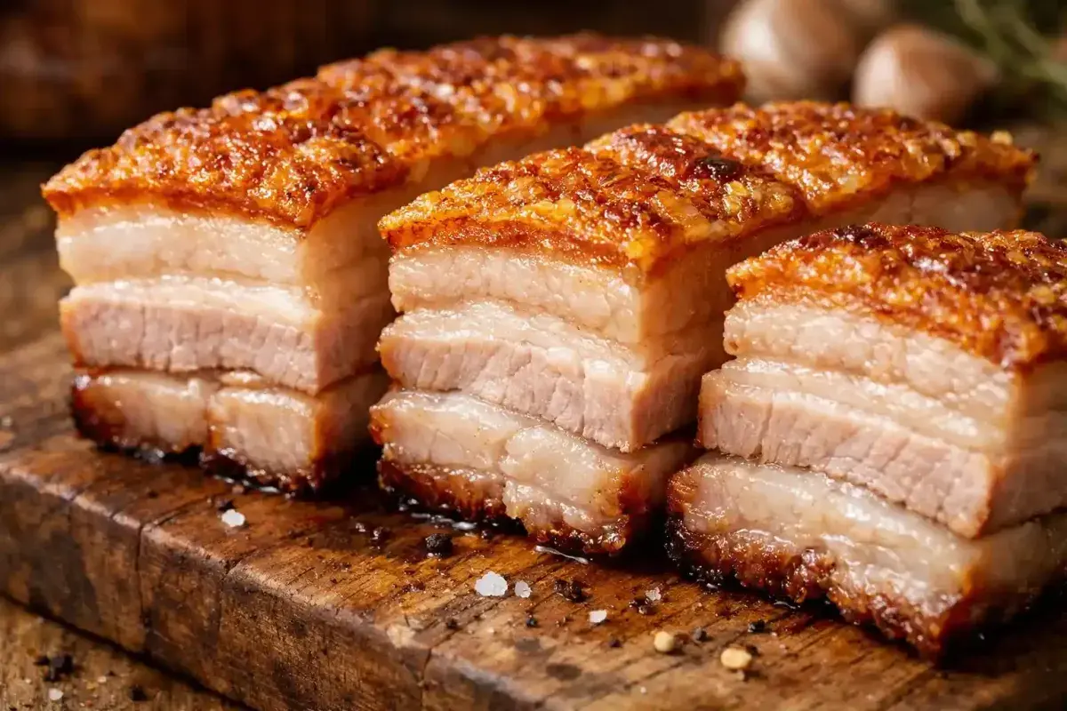 Sliced pork belly showing beautiful layers of meat and fat
