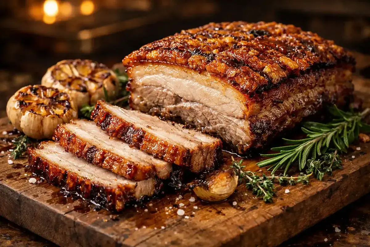 Slow roasted pork belly resting before slicing