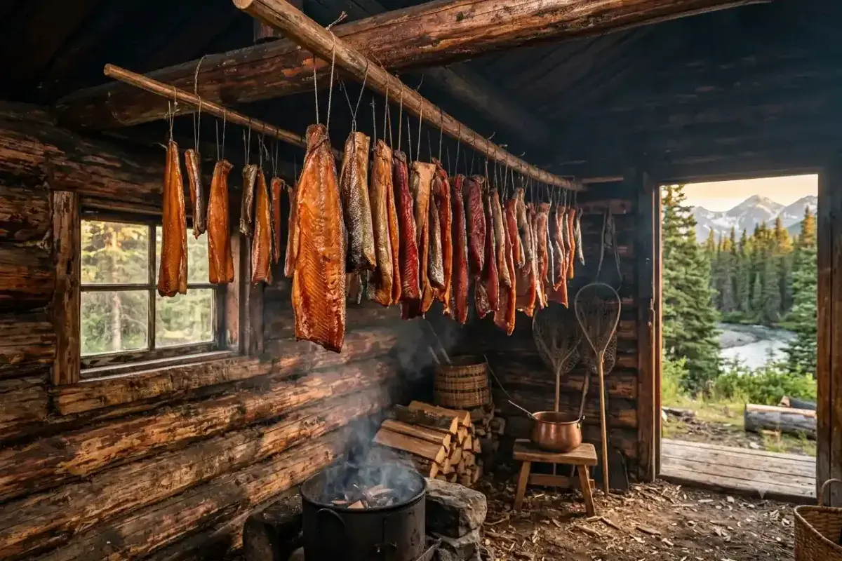Traditional Alaska Smoked Salmon in Smokehouse