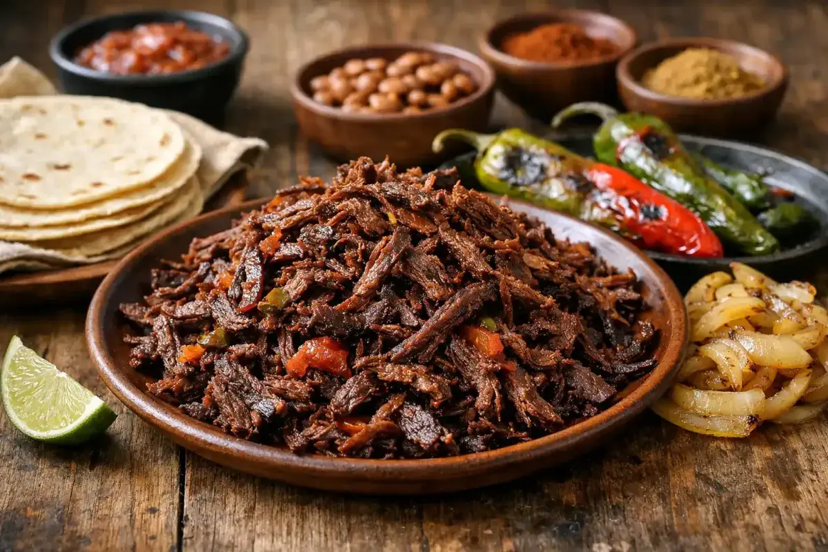 Traditional Arizona carne seca with shredded dried beef, tortillas, and roasted vegetables