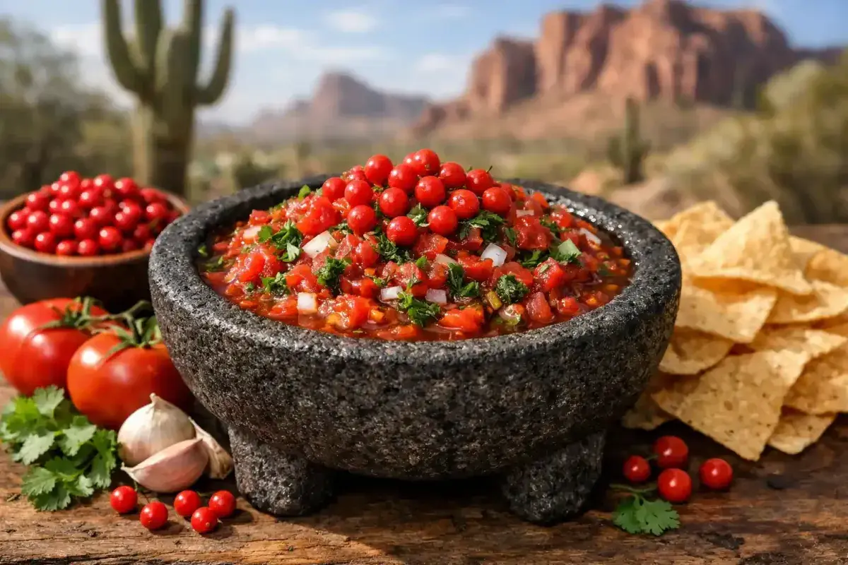 Traditional Arizona salsa made with wild chiltepin peppers and fresh ingredients