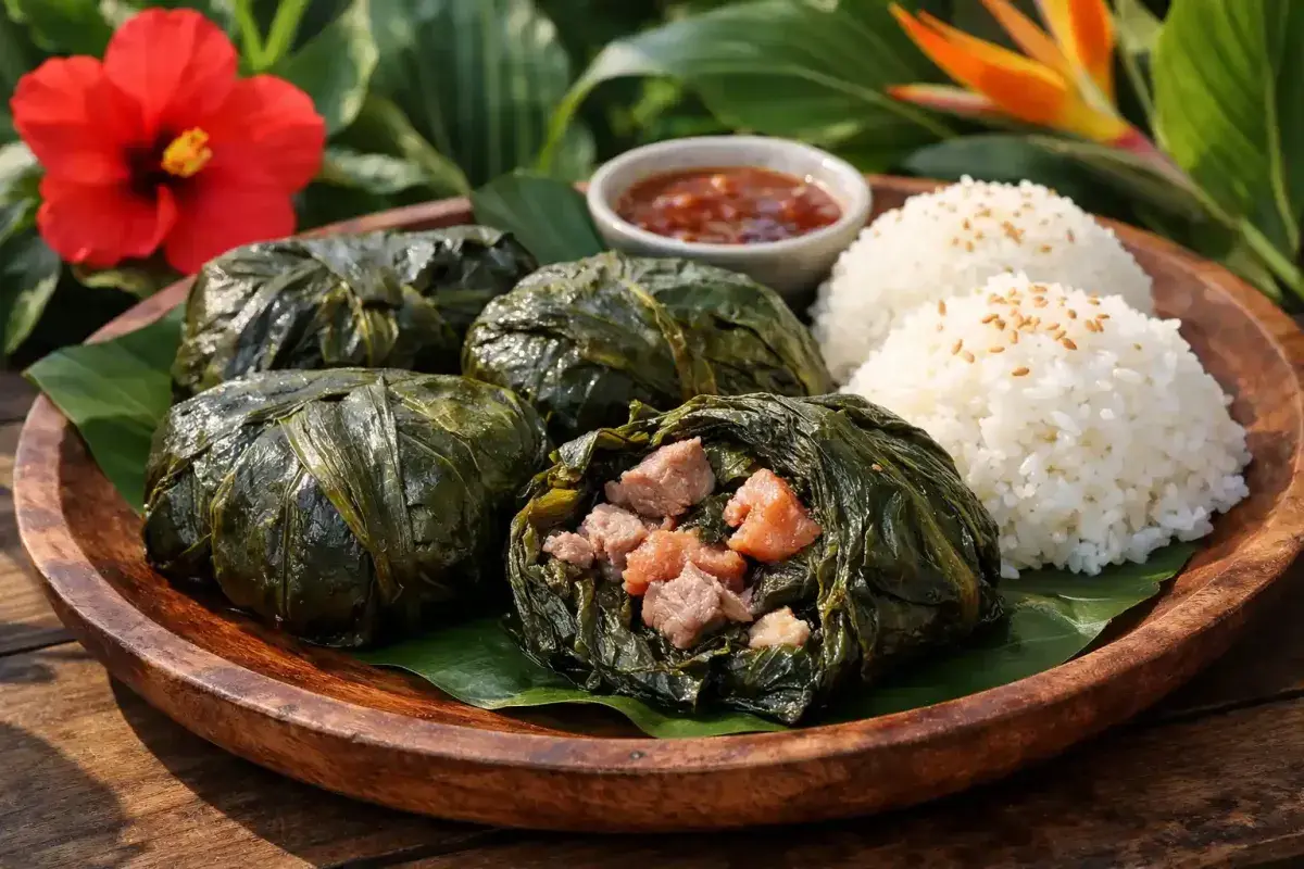 Traditional Hawaiian laulau wrapped in taro leaves