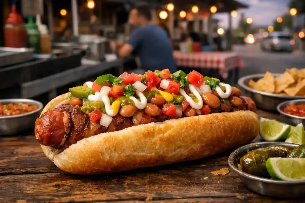 Traditional Sonoran hot dog with bacon, beans, tomatoes, onions, and salsa in Arizona