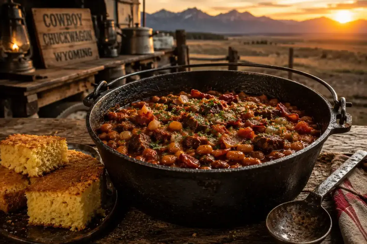 Traditional Wyoming cowboy beans served in a cast iron pot
