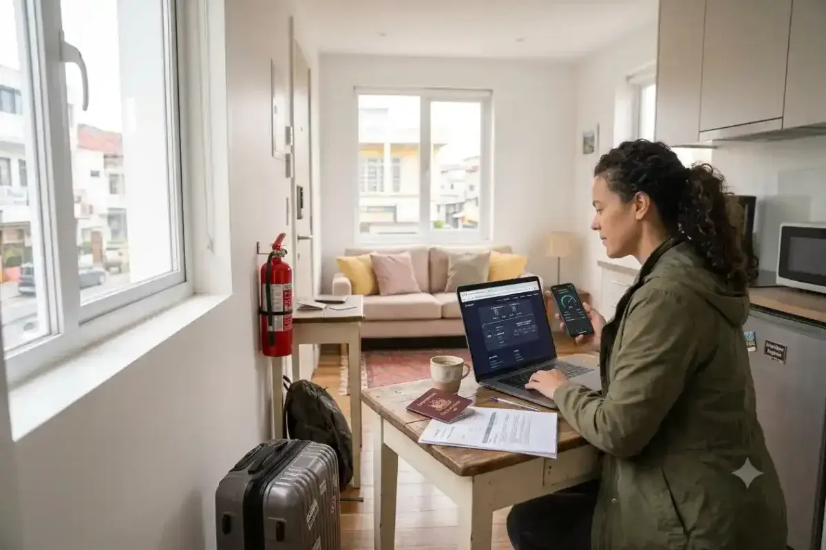 Traveler checking amenities inside an Airbnb property
