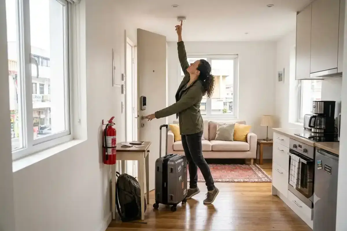 Traveler checking safety features inside an Airbnb rental