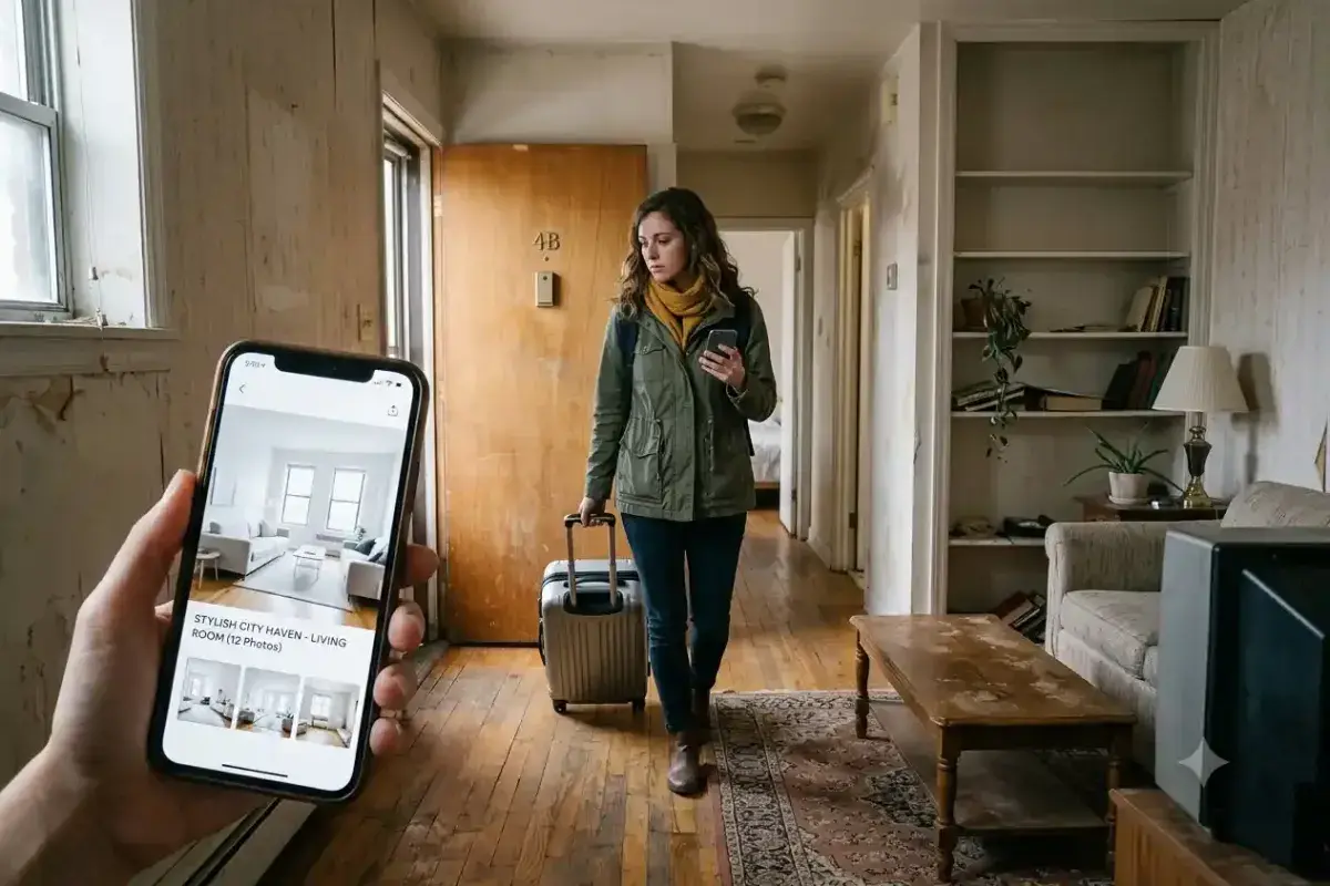 Traveler comparing listing photos with the actual Airbnb interior