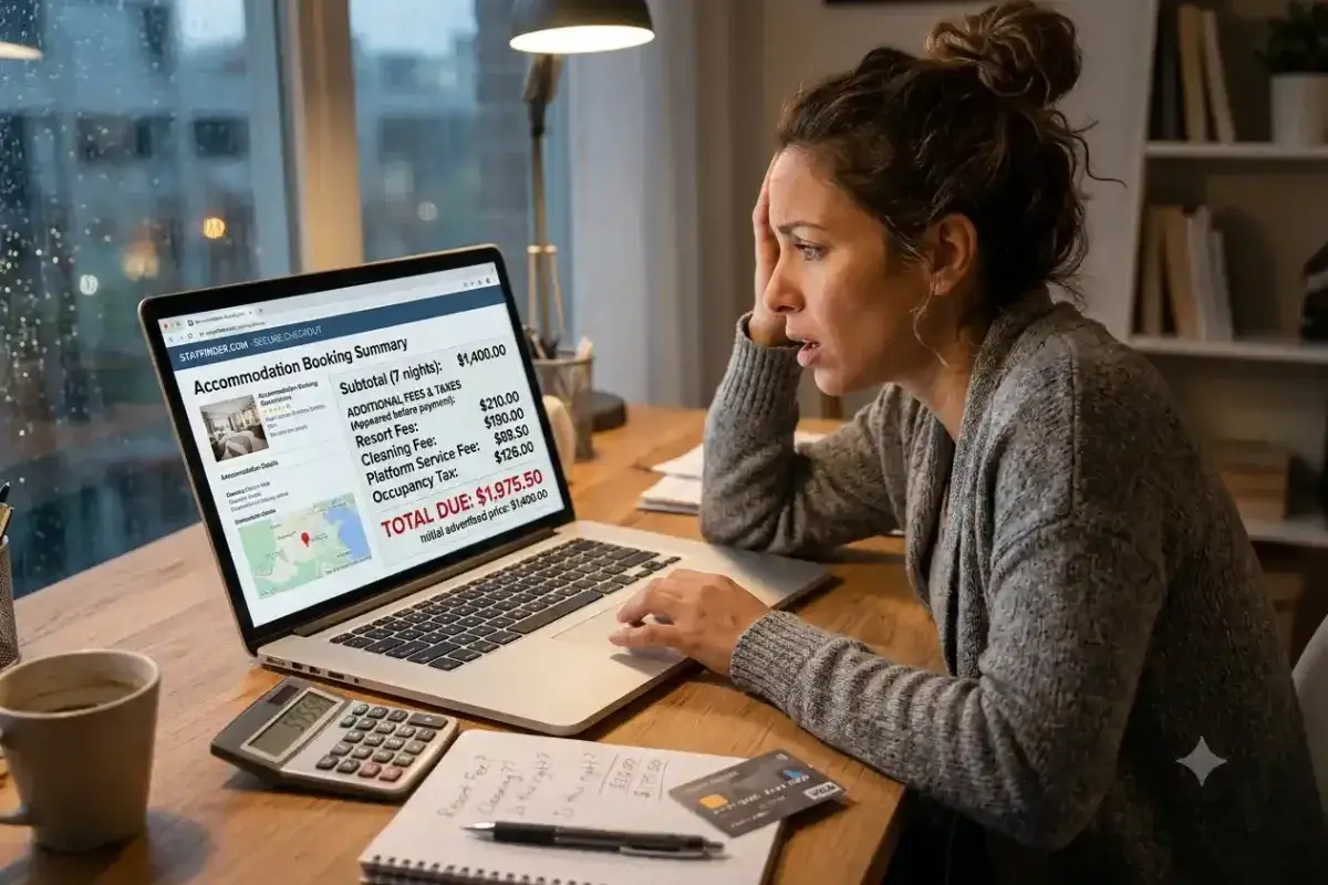 Traveler reviewing additional booking fees before confirming a reservation