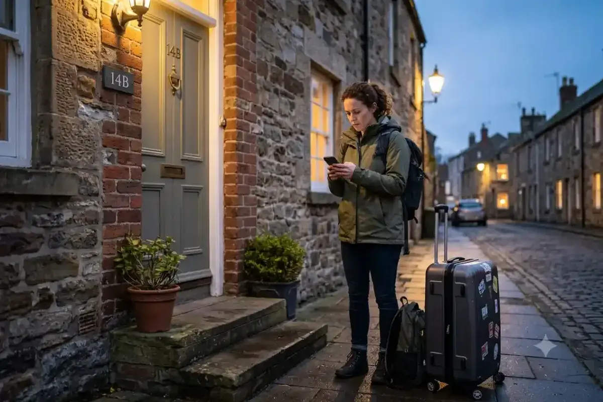 Traveler waiting outside an Airbnb while contacting the host