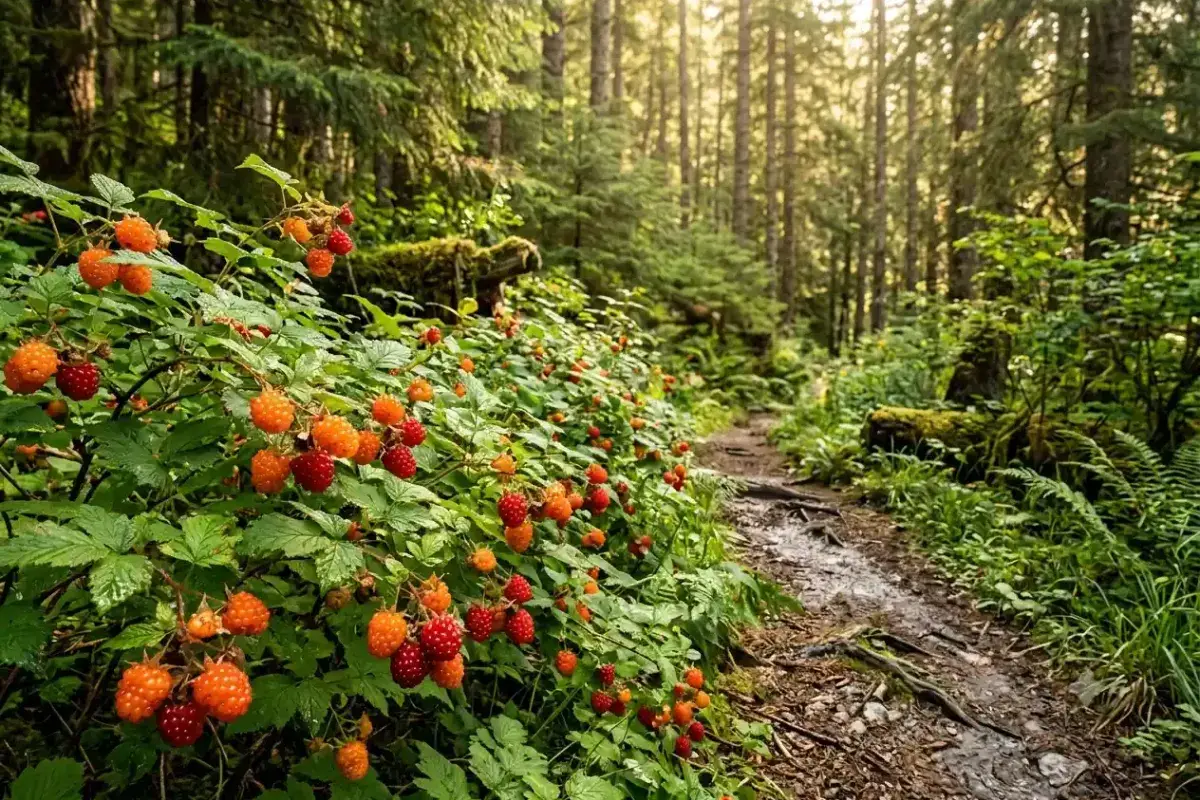 Wild Alaska Salmonberries Growing in Forest