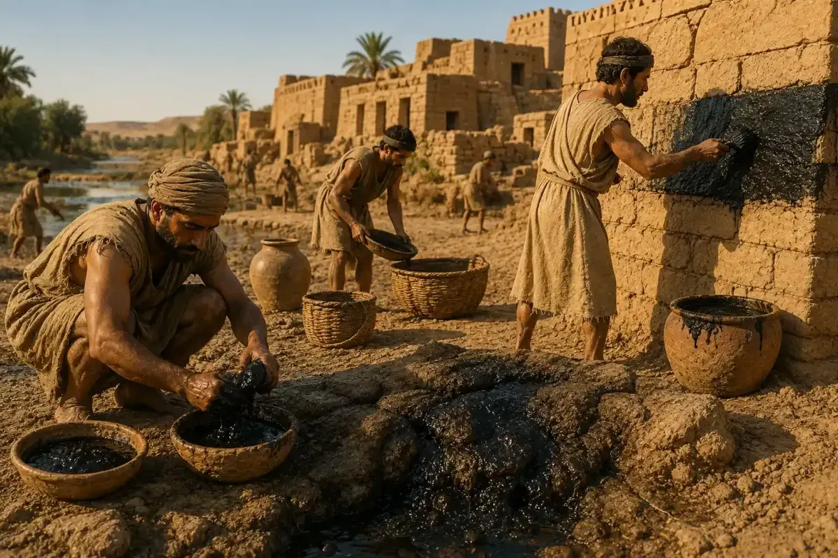 Ancient Mesopotamian workers using natural bitumen