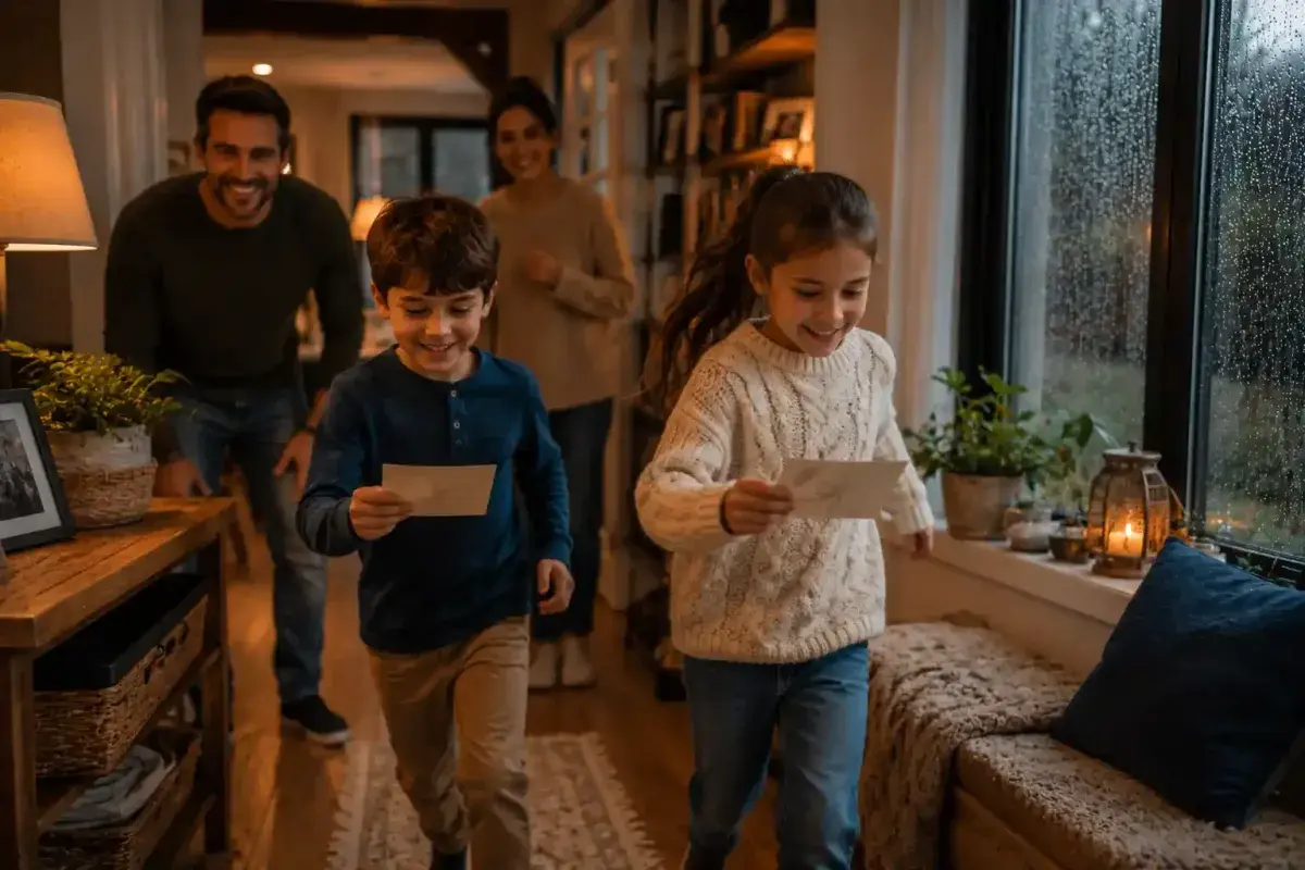 Children searching for clues during an indoor treasure hunt