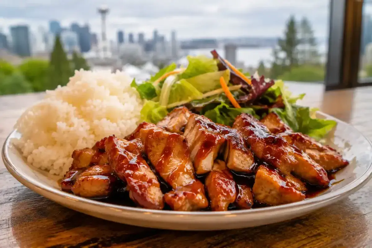 Classic Seattle style chicken teriyaki with rice and salad