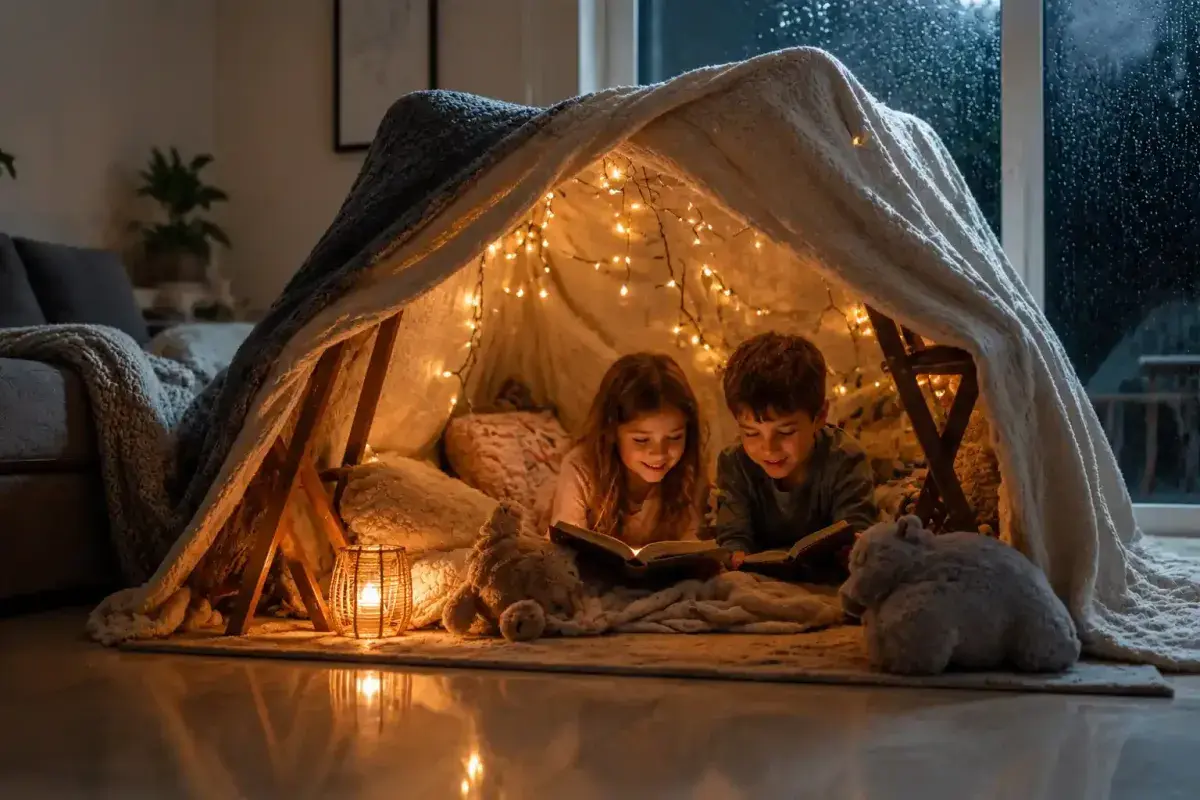 Cozy blanket fort with children reading during a rainy afternoon
