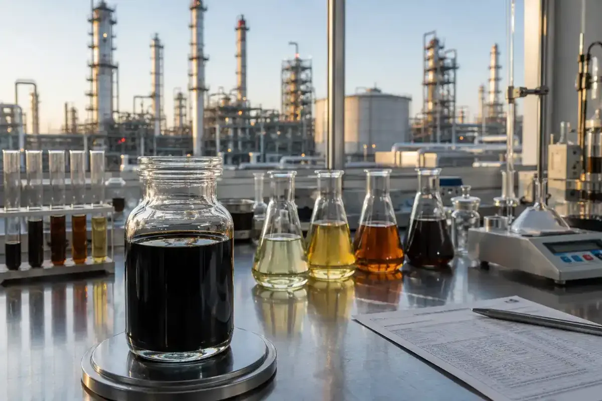 Crude oil samples inside a petroleum laboratory