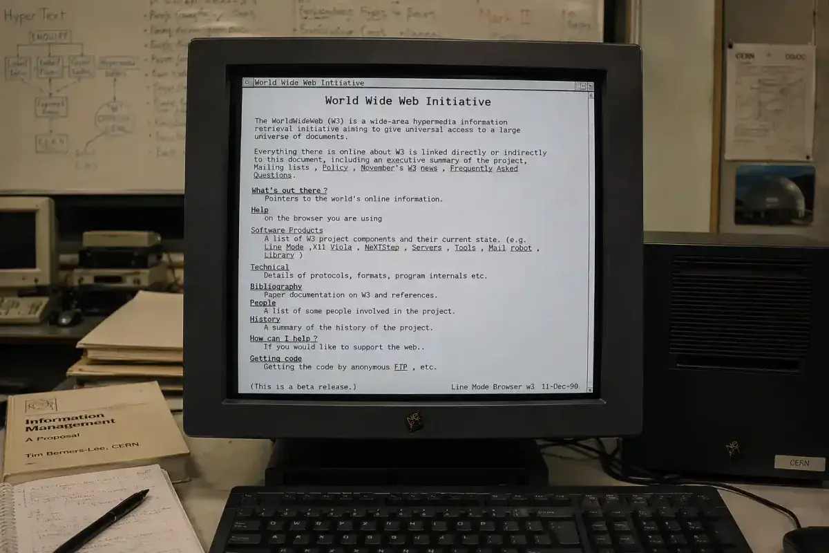Early World Wide Web page displayed on a CERN computer