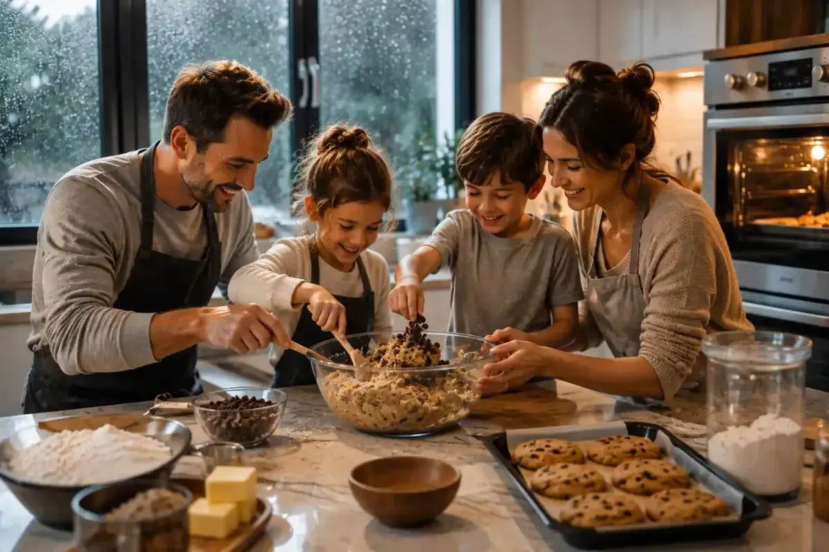 Family baking cookies together on a rainy day