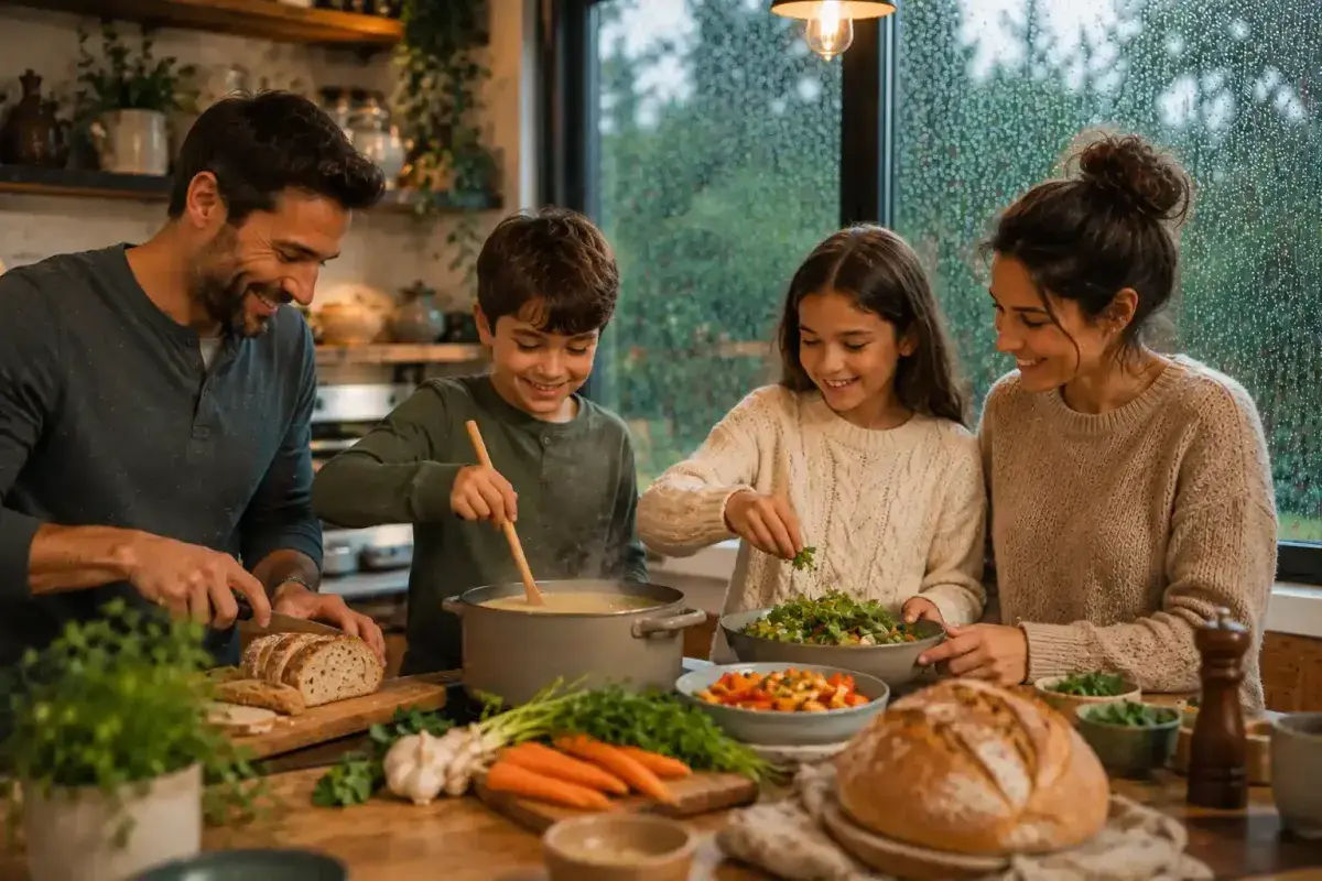 Family cooking comfort food together during rainy weather