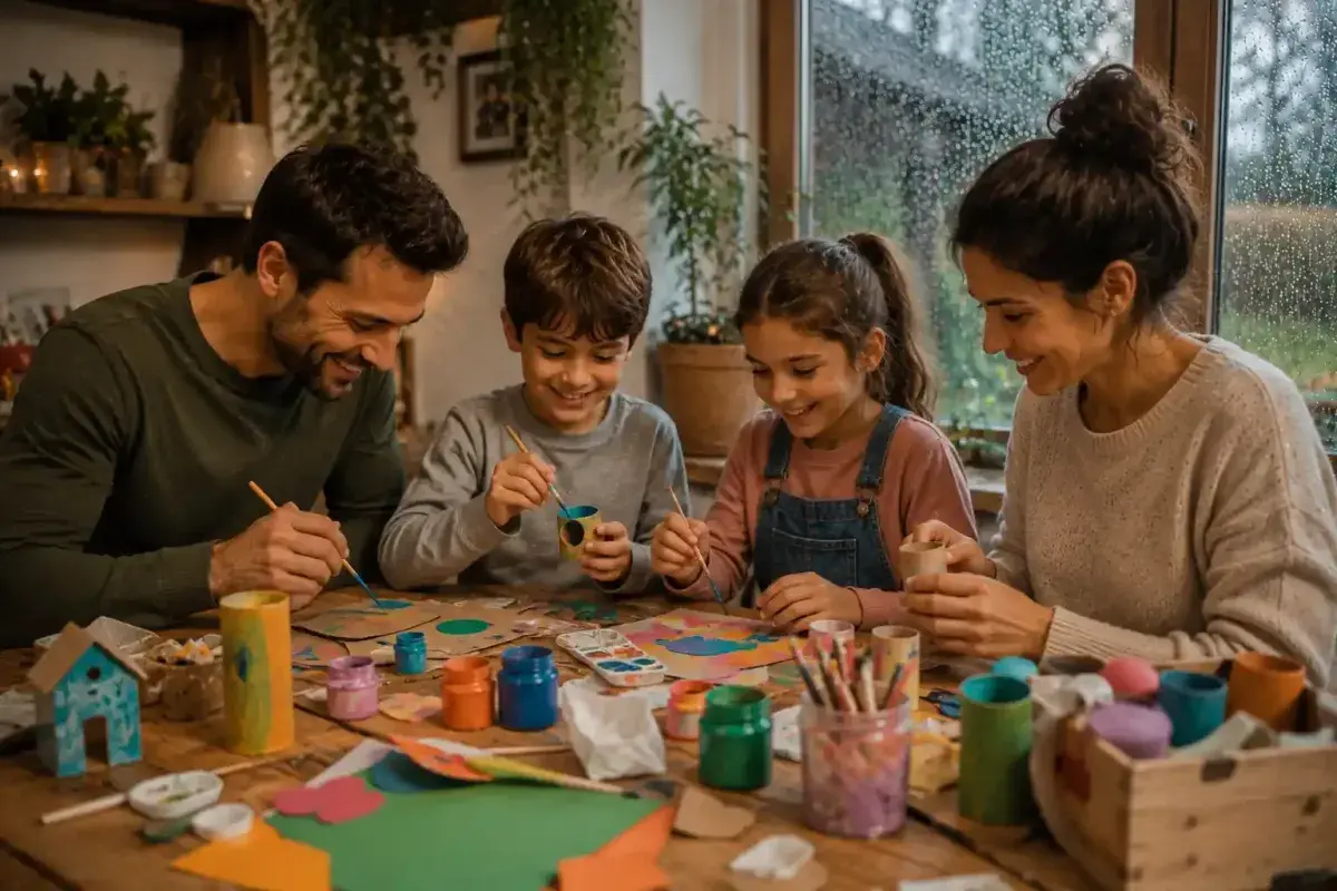 Family creating colorful arts and crafts on a rainy day