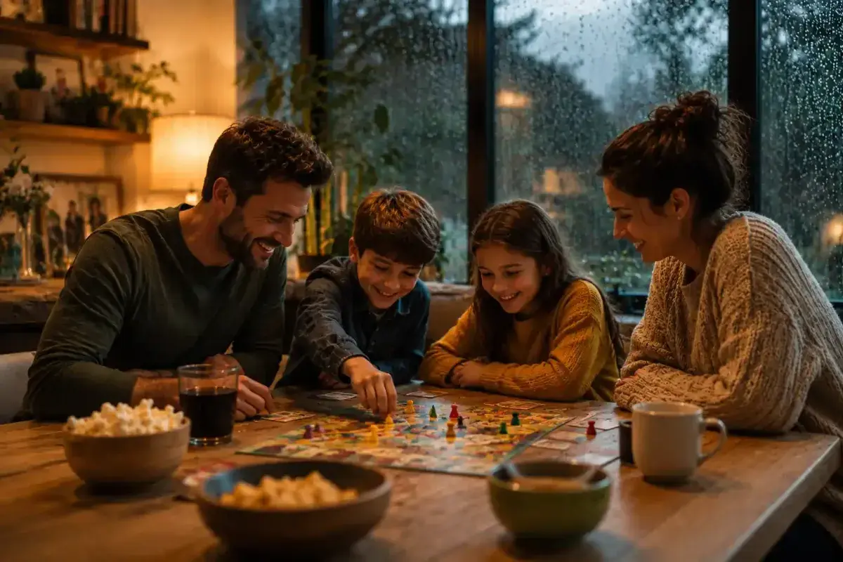 Family enjoying a board game tournament during rainy weather