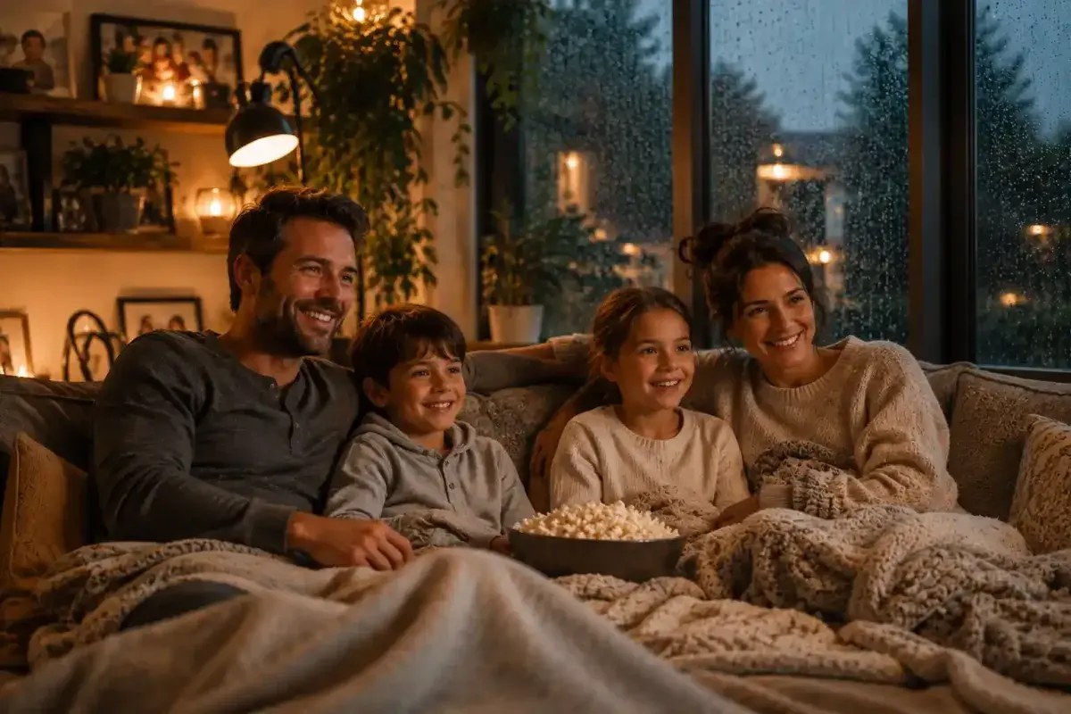 Family enjoying a cozy movie marathon on a rainy afternoon