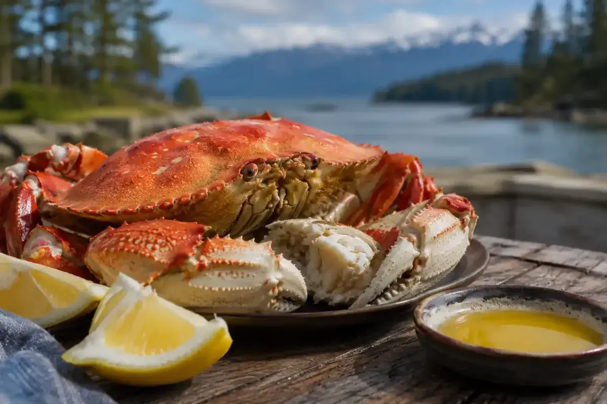 Fresh Dungeness crab with lemon and butter in Washington