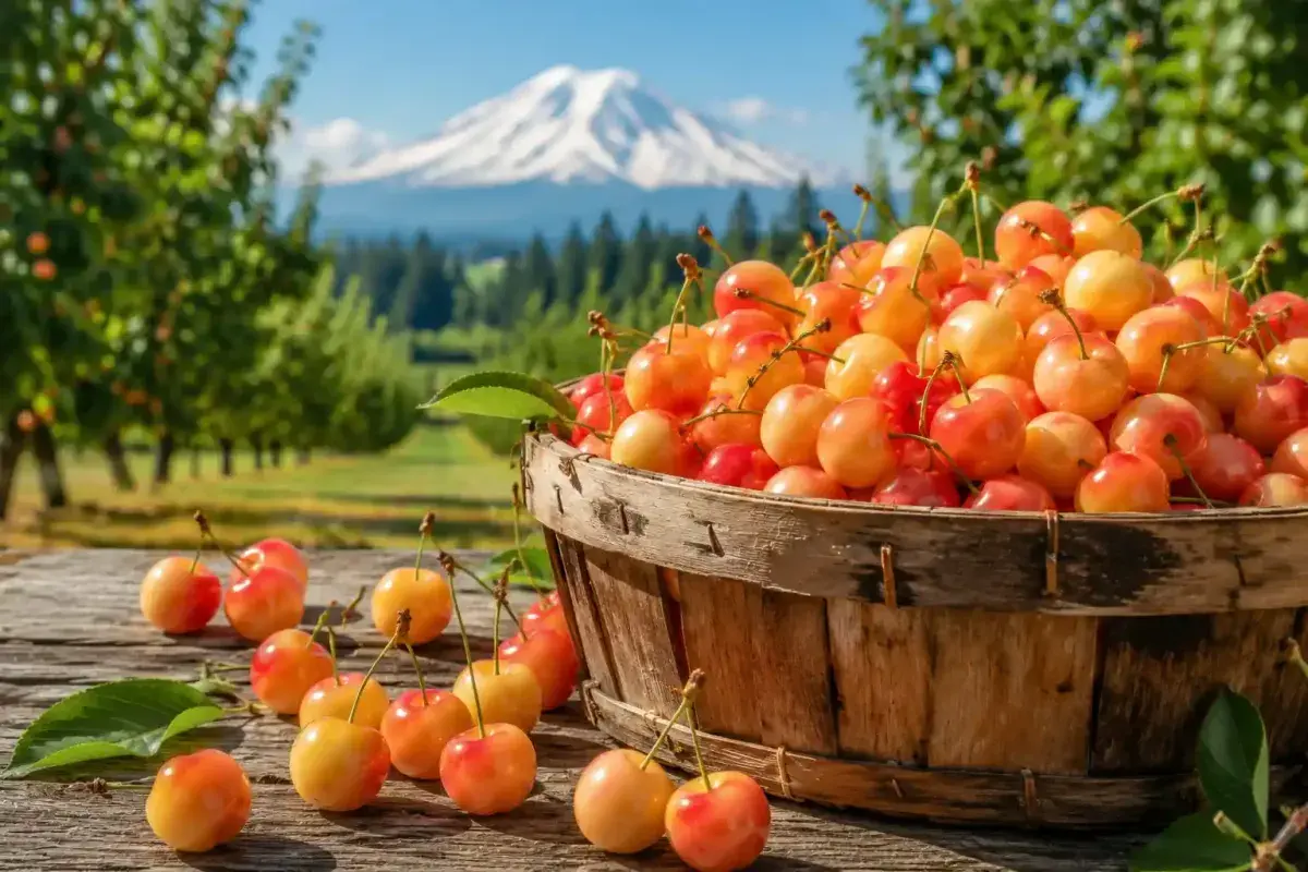 Fresh Rainier cherries from a Washington orchard near Mount Rainier