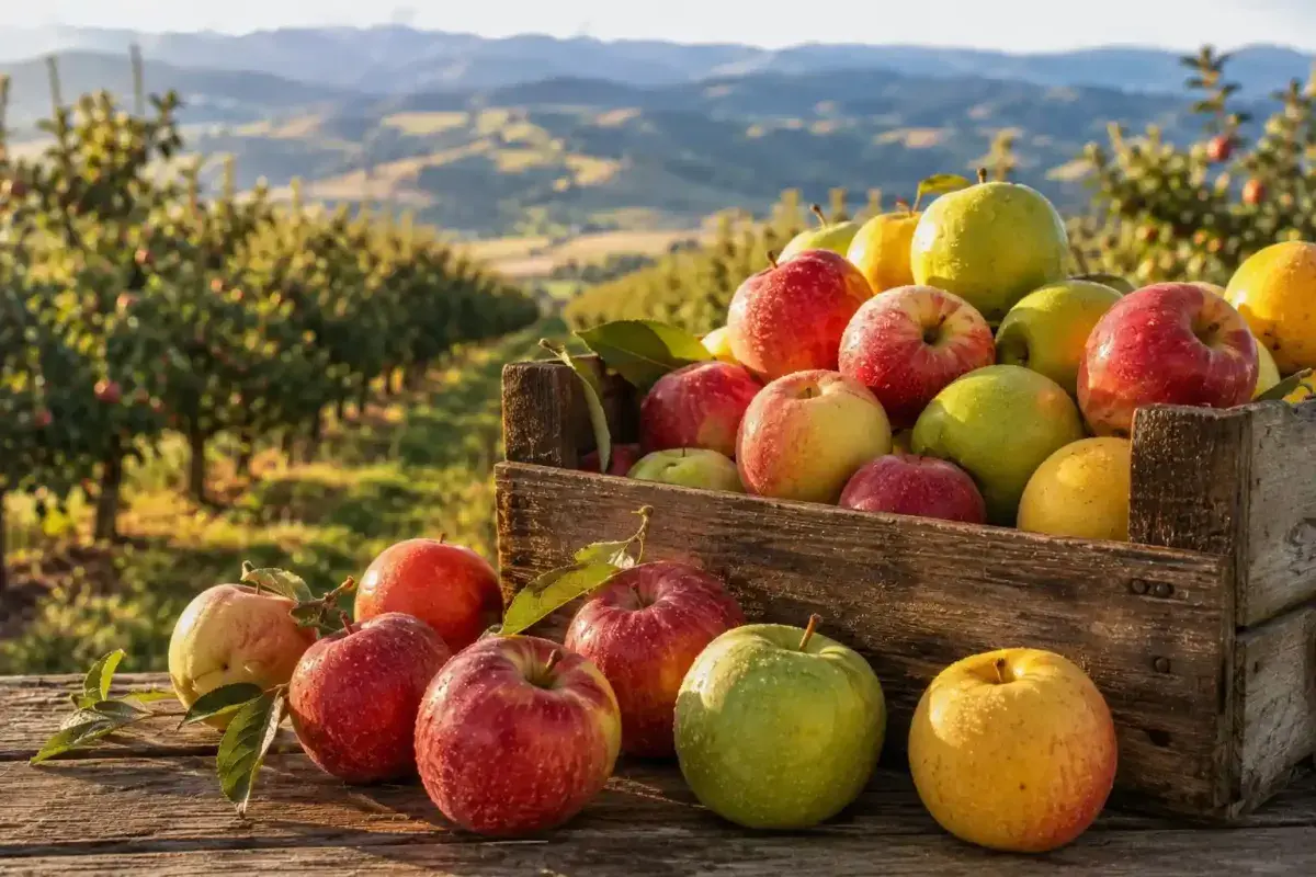 Fresh Washington apples in a scenic Pacific Northwest orchard