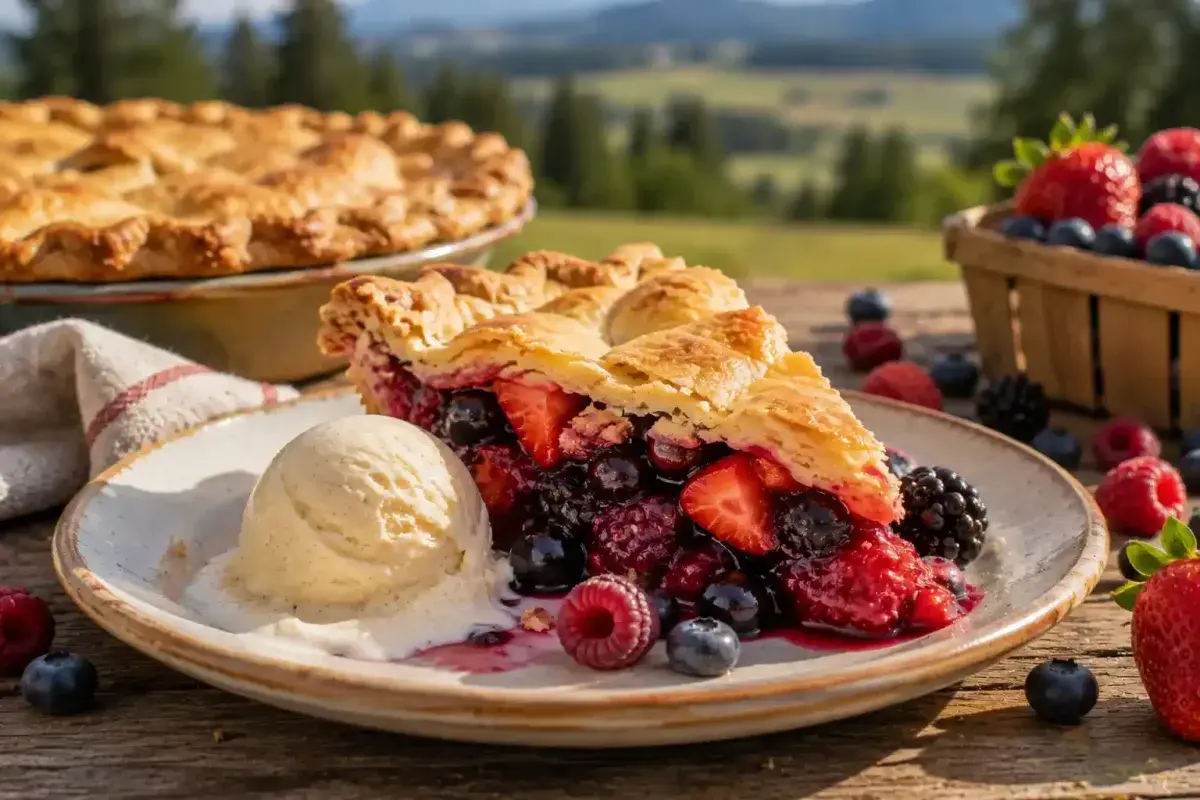Fresh Washington berry pie served with vanilla ice cream
