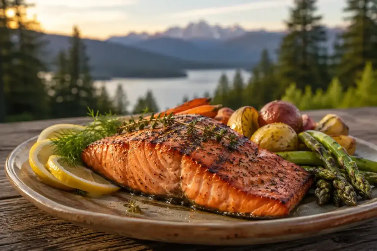 Grilled wild Pacific salmon with seasonal Washington vegetables
