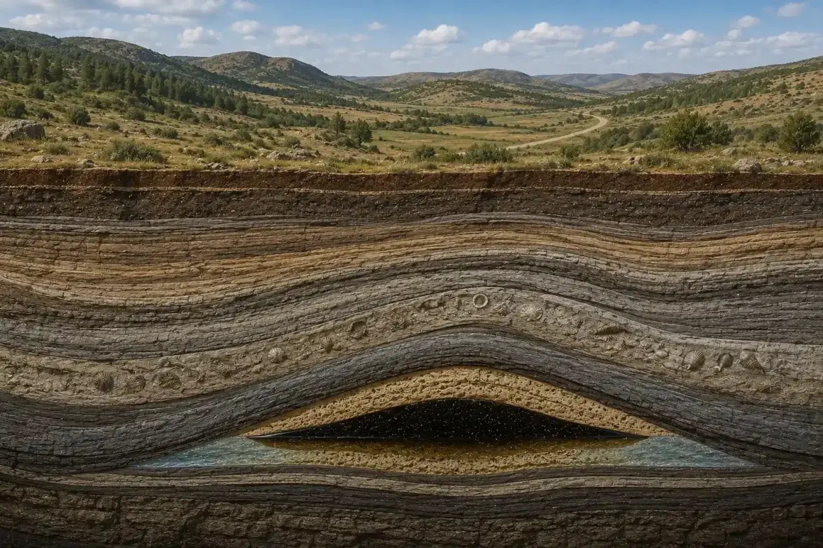 Hidden petroleum reservoir beneath an ordinary landscape