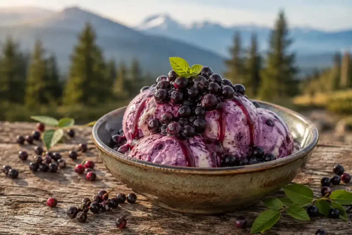 Huckleberry ice cream with fresh Washington berries